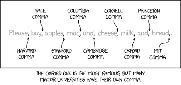 The distinctive 'UCLA comma' and 'Michigan comma' are a long string of commas at the start and end of the sentence respectively.